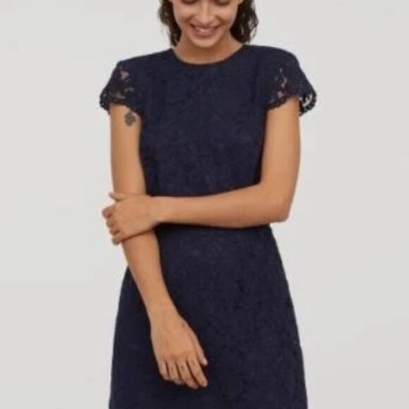 H & M Navy Blue Lace Midi Dress Size M - Picture 1 of 9